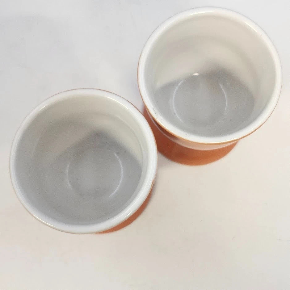 Pair Orange Ceramic Egg Cups 2" Pedestal Chalice White Interior Kitchen MCM