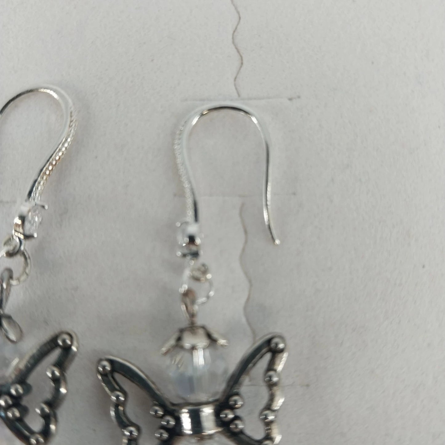 Silver Tone Angel Wing Dangle Earrings Clear Faceted Beads French Hook Jewelry