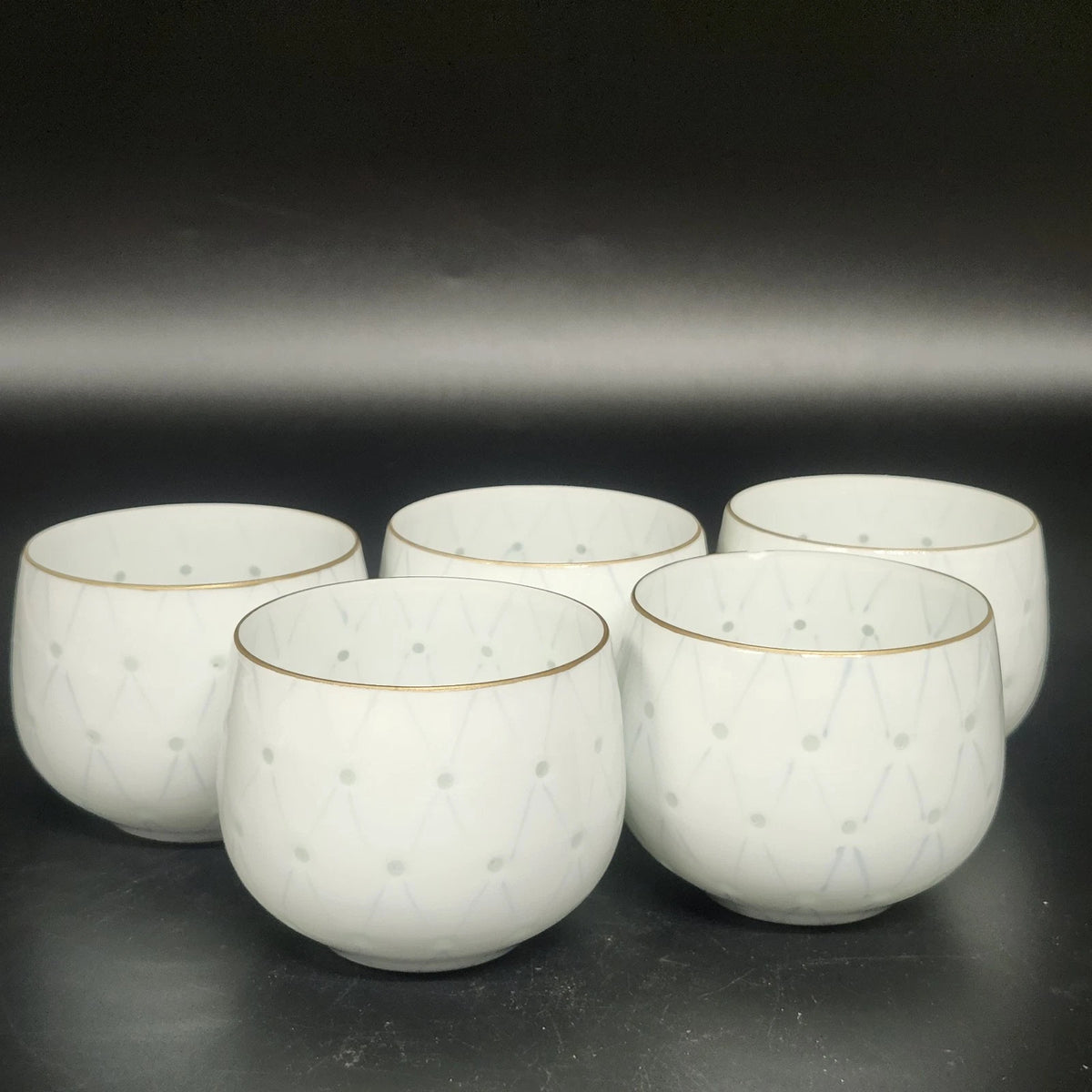 Japanese Hotarude Firefly Porcelain Tea Cups Set 5 Blue White Gold Rim Vintage