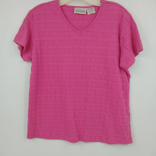 Basic Editions Women's Textured Knit V-Neck Top Pink Short Sleeve Size M