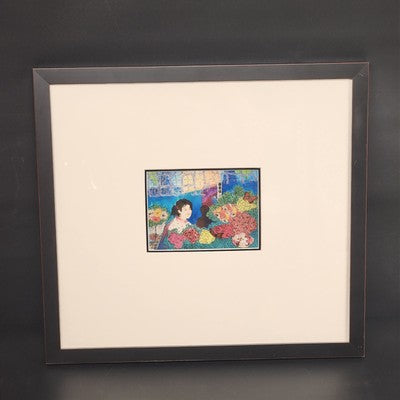 Asian Lady in Flower Shop Art Print 7x5" White Matted Black Wood 20.5"x19" Frame