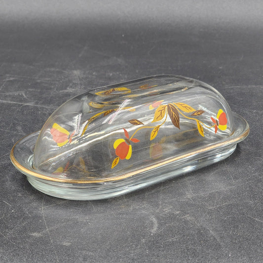 Autumn Leaf Glass Covered Butter Dish 1/4 Lb Hall's Superior Jewel Tea MCM Vtg