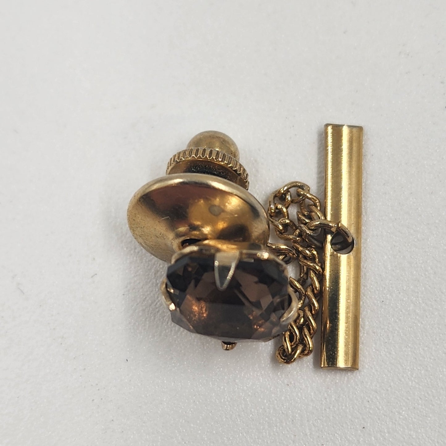 Gold Tone Smoky Brown Rhinestone Stud Quartz Tie Tack 1970s Pin Chain Buttonhole