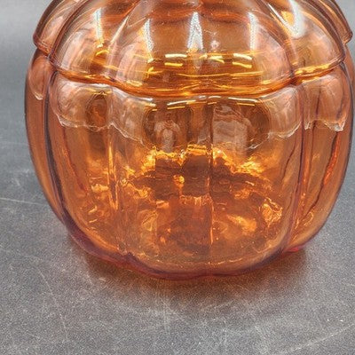 Orange Glass Pumpkin Shape Cookie Jar Candy Dish with Lid Anchor Hocking