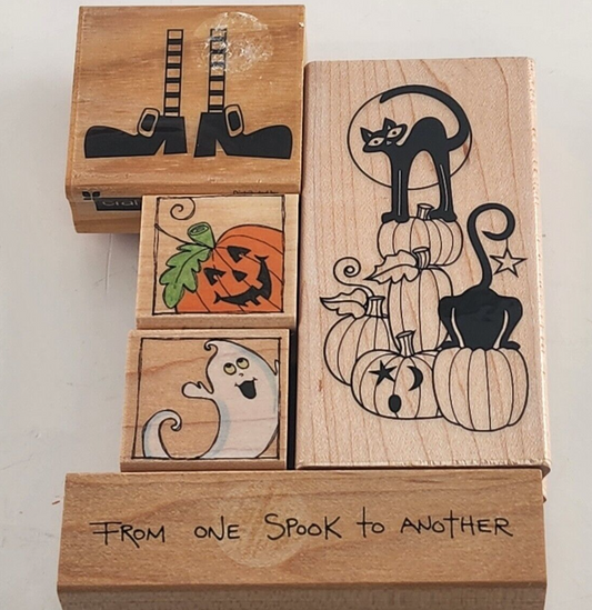 Lot of 5 Halloween Pattern Wooden Mounted Rubber Stamps Vintage Hero Arts