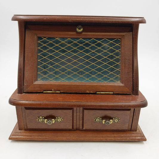 Wooden Musical Jewelry Box Jay Imports Angled Top Gold Diamond Blue Velvet 8"