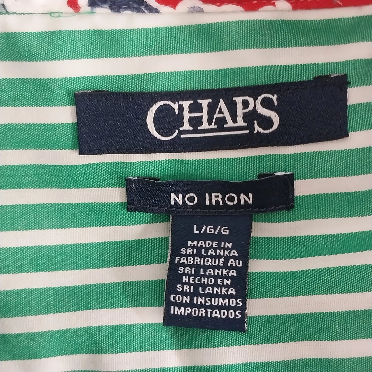 Chaps No Iron Green White Striped Button Front Shirt Women's L Red Paisley Cuffs