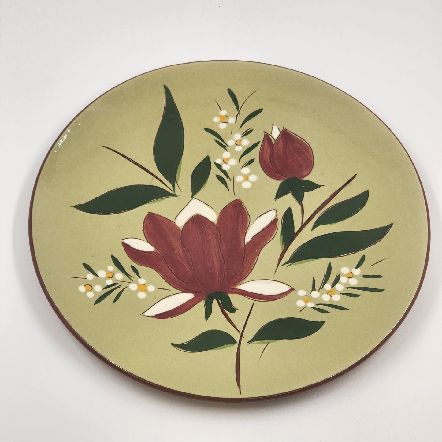 Magnolia 10" Dinner Plate by Stangl Pottery Vintage Trenton NJ Dark Red Flowers