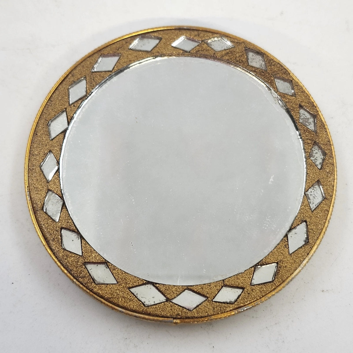 Gold Tone Round Pocket Mirror 2.75" Beaded Ornate Geometric Mosaic Star Design