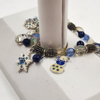 Kenneth Cole Silver Tone Blue White Snowman Christmas Winter Charm Bracelet