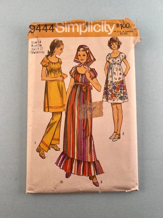 Simplicity 9444 Vintage Sewing Pattern 1971 Misses Maternity Dress Pants Scarf