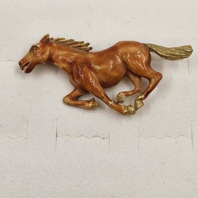 Galloping Brown Horse Mustang Brooch Pin Gold Tone Decorative 2.5"