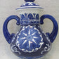 Blue and White Pottery Jar Decorative Piece with Two Handles & Lid