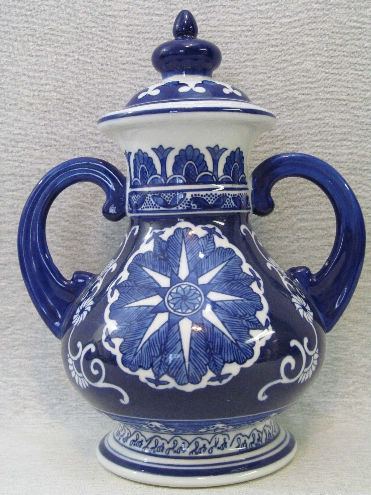 Blue and White Pottery Jar Decorative Piece with Two Handles & Lid