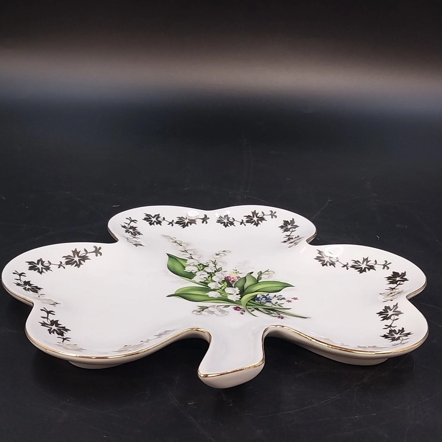 Handmade Czech Porcelain Clover Plate Lily of the Valley Gold Trim Trinket Dish