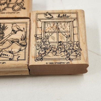 3 Wood Rubber Stamps Greeting Theme Bear Thank you Hello Stampin' Up! 1999