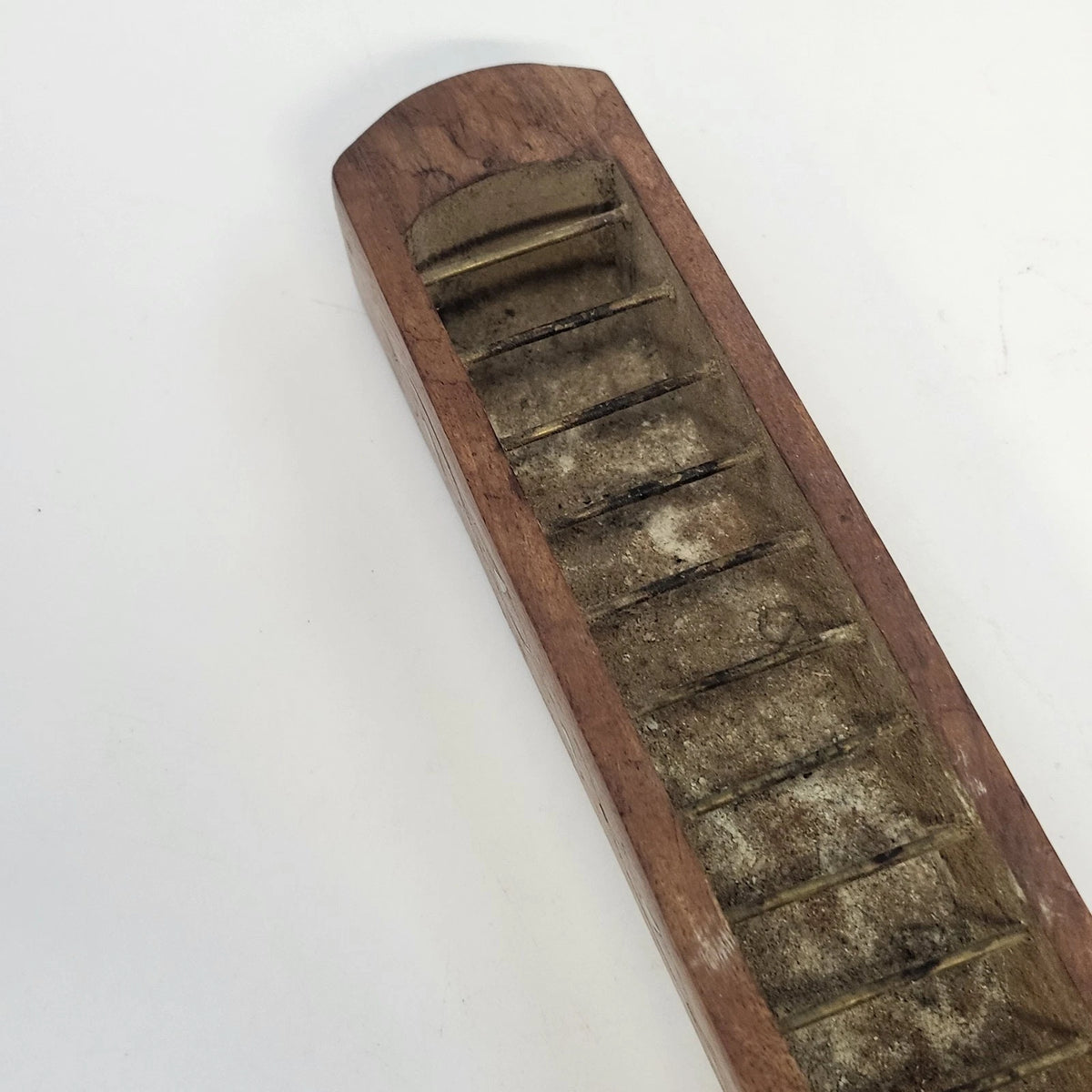 Indian Natural Wood Incense Burner 12.5" Brass Inlay Om Symbol Ash Catcher Vtg