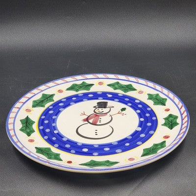 Round Serving Platter Present Tense Italy Hand Painted Snowman Christmas 14"