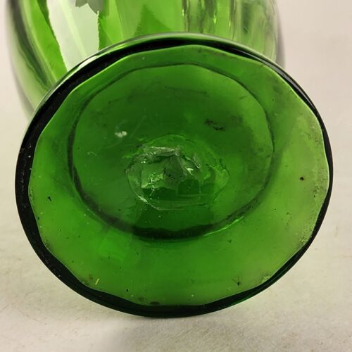 Hand Blown Green Glass Cruet 9½" Hand Painted Girl & White Foliage No Stopper