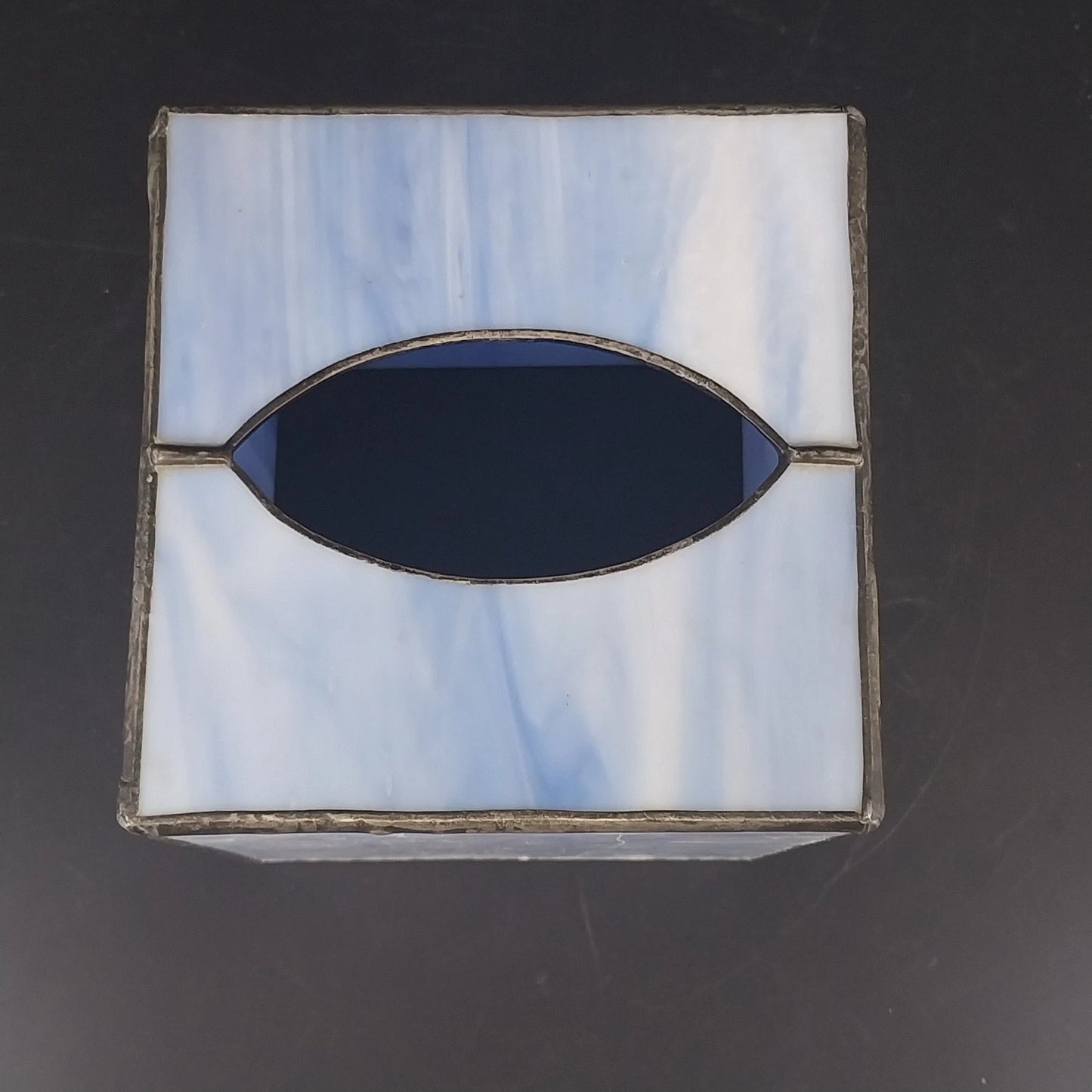 Stained Glass Tissue Box Cover Blue Swirl Slag Glass Metal 5" Bathroom Decor Vtg