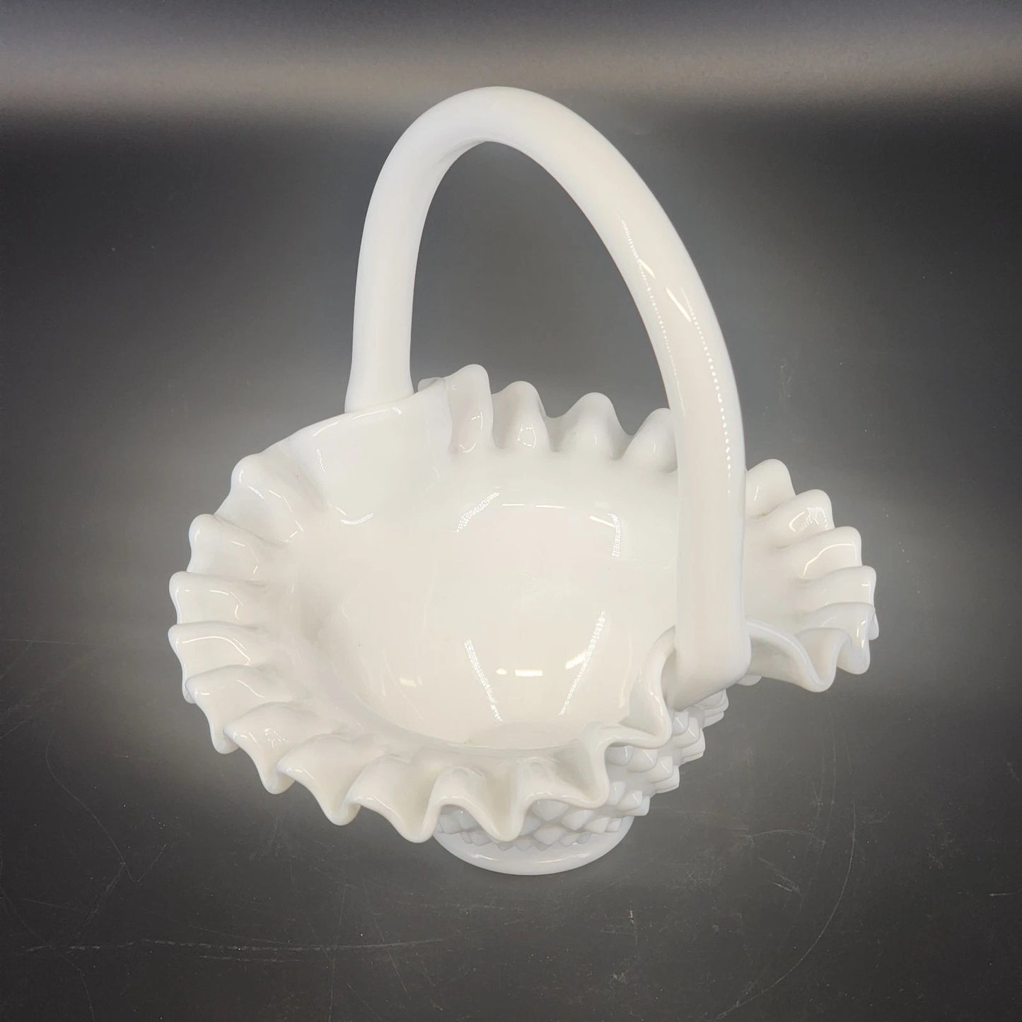Fenton Hobnail Milk Glass Basket Ruffled Rim Handle White 7" Vintage Art Glass