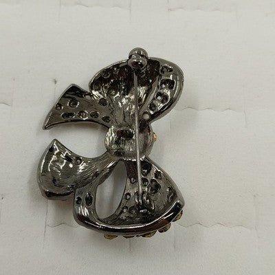 Silver Tone Black & Clear Faceted Rhinestones Bow Ribbon Design Brooch/Pin