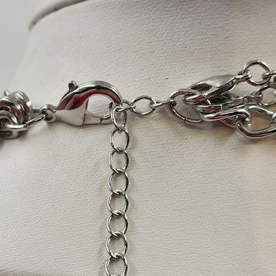 Silver Tone Chains w Black White & Silver Tone Beads Three Strand Necklace 17"