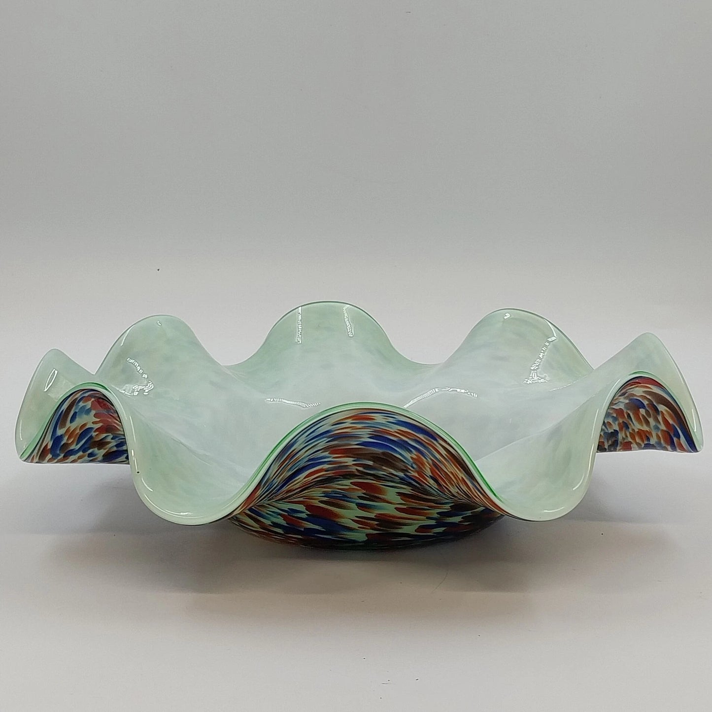 Hand Blown Art Glass Ruffled Bowl White Cased Multicolor Spun Spatter 12" Wide