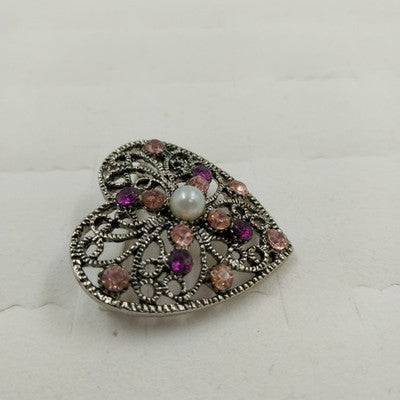 Silver Tone Filagree Heart Shape Brooch/Pin with Faux Pearl & Faceted Rhinestone