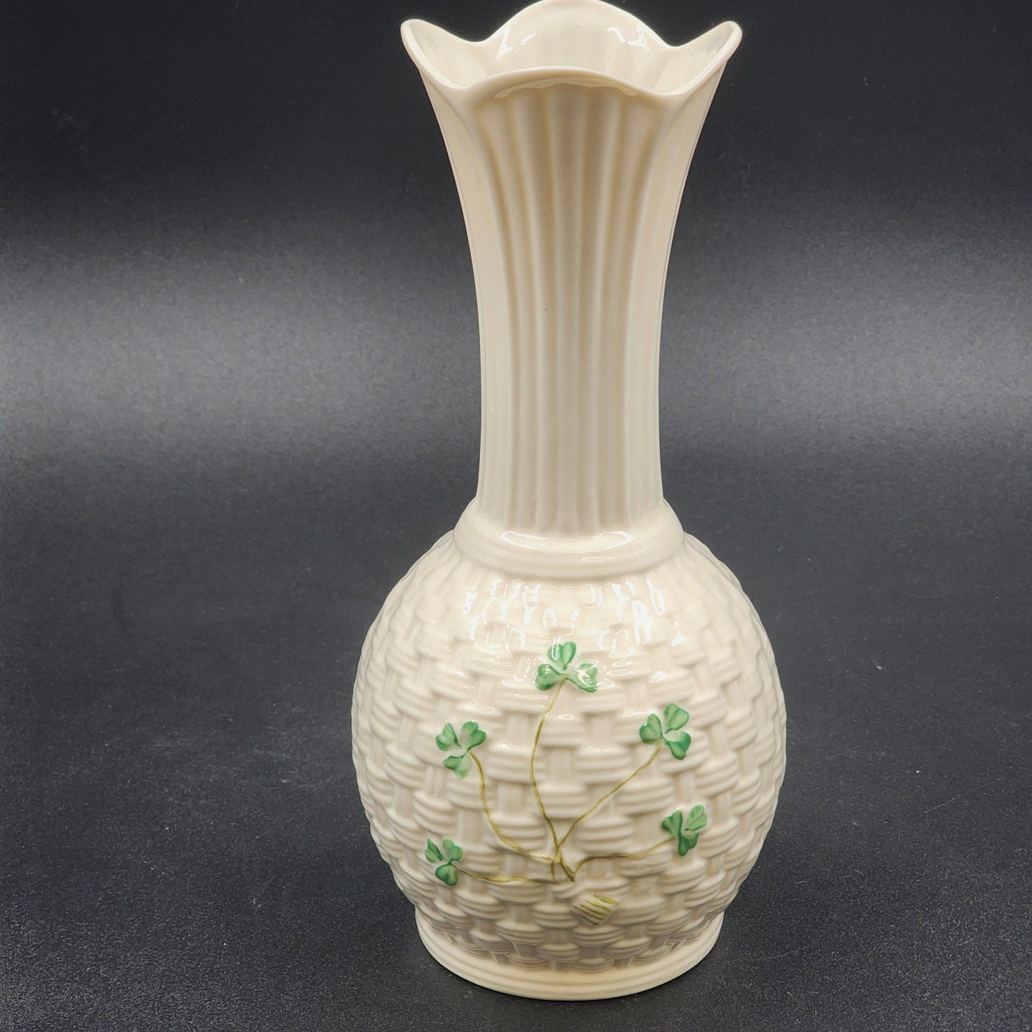 Belleek Sperrin Vase Fine Parian Porcelain China w/ Shamrock Woven Design 8.75"