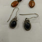 2 Dangle Earrings Silver Onyx Lever & Bronze Amber Bead Hook Set Vintage