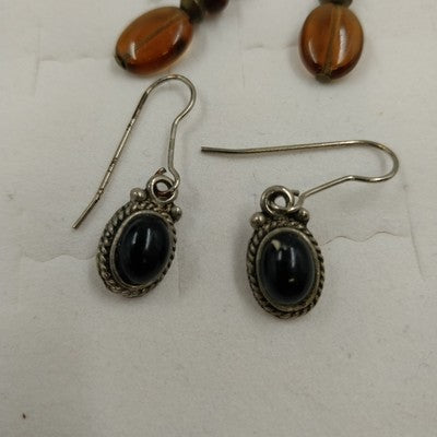 2 Dangle Earrings Silver Onyx Lever & Bronze Amber Bead Hook Set Vintage