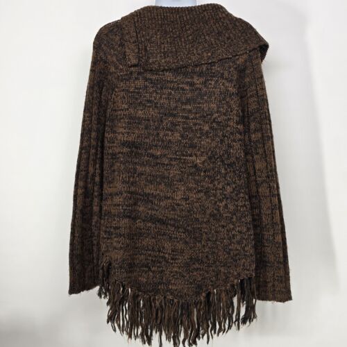 Carol Rose Brown And Black Sweater 3 Button Cowl Neck Size XL Fringe Bottom