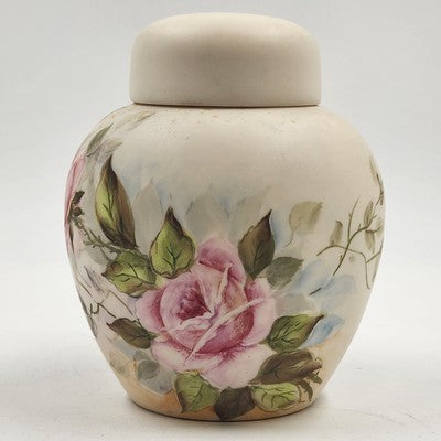 Bisque Porcelain Ginger Jar Pink Green Floral 5.75"x5" Hand Painted