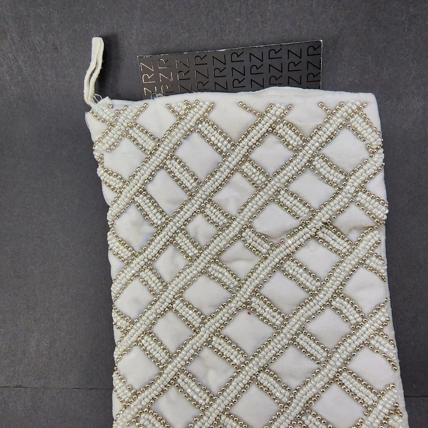 Rachel Zoe Christmas Stocking Silver White Beaded 8"x22" Diamond Polyester NWT