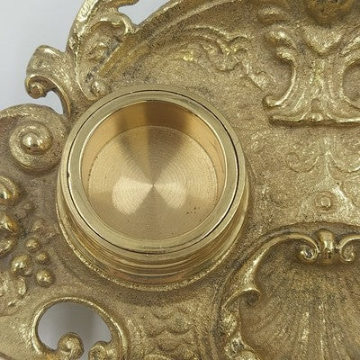Ornate Double Inkwell Gilded Bronze Cherub Floral 9.75" Lacquered Iron