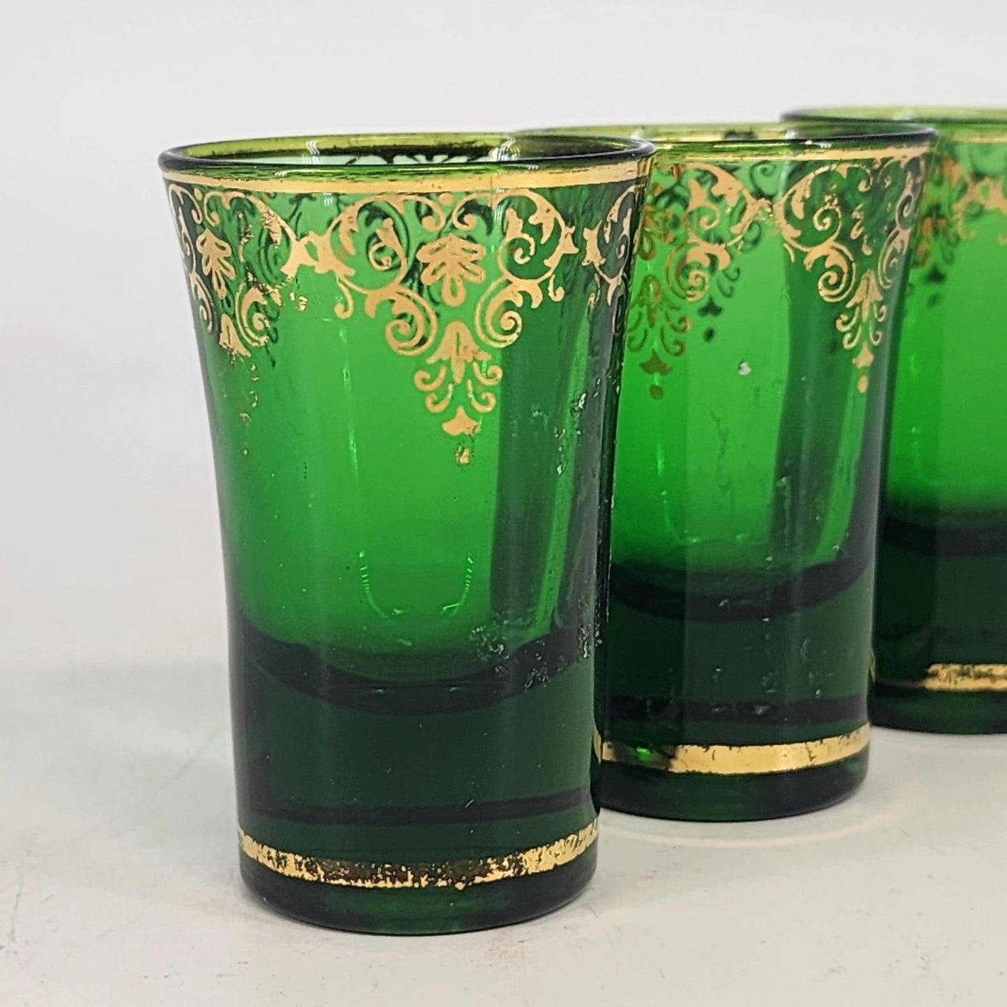 DFP Italian Emerald Green Shot Glasses Set 3 Gold Trim 2.75" Mid Century Barware