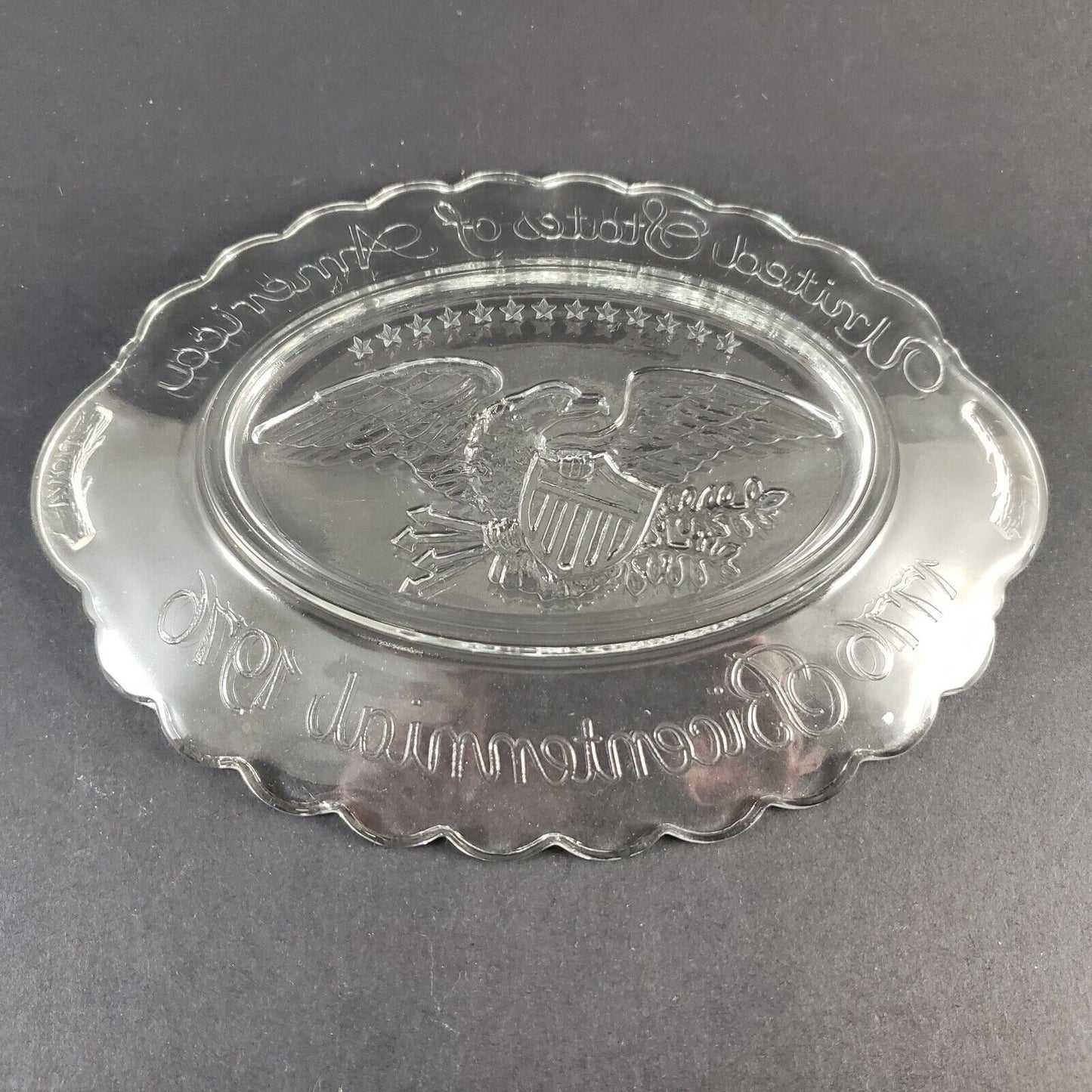 Avon 1776 Bicentennial 1976 Clear Glass Oval Plate w Eagle USA & Scalloped Edge