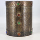 Hammered Brass Over Wood Cylinder Container Medieval Design 8.5"d x 10.25"h