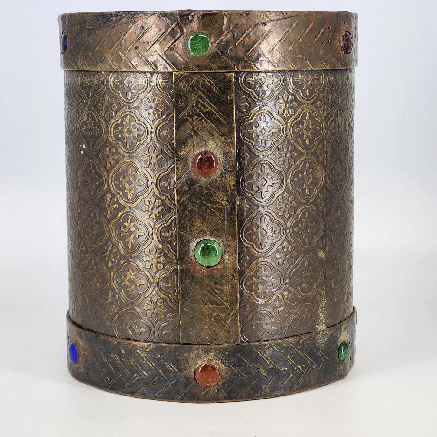 Hammered Brass Over Wood Cylinder Container Medieval Design 8.5"d x 10.25"h