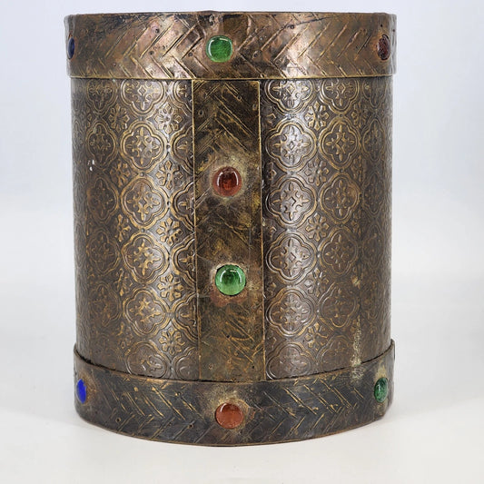 Hammered Brass Over Wood Cylinder Container Medieval Design 8.5"d x 10.25"h
