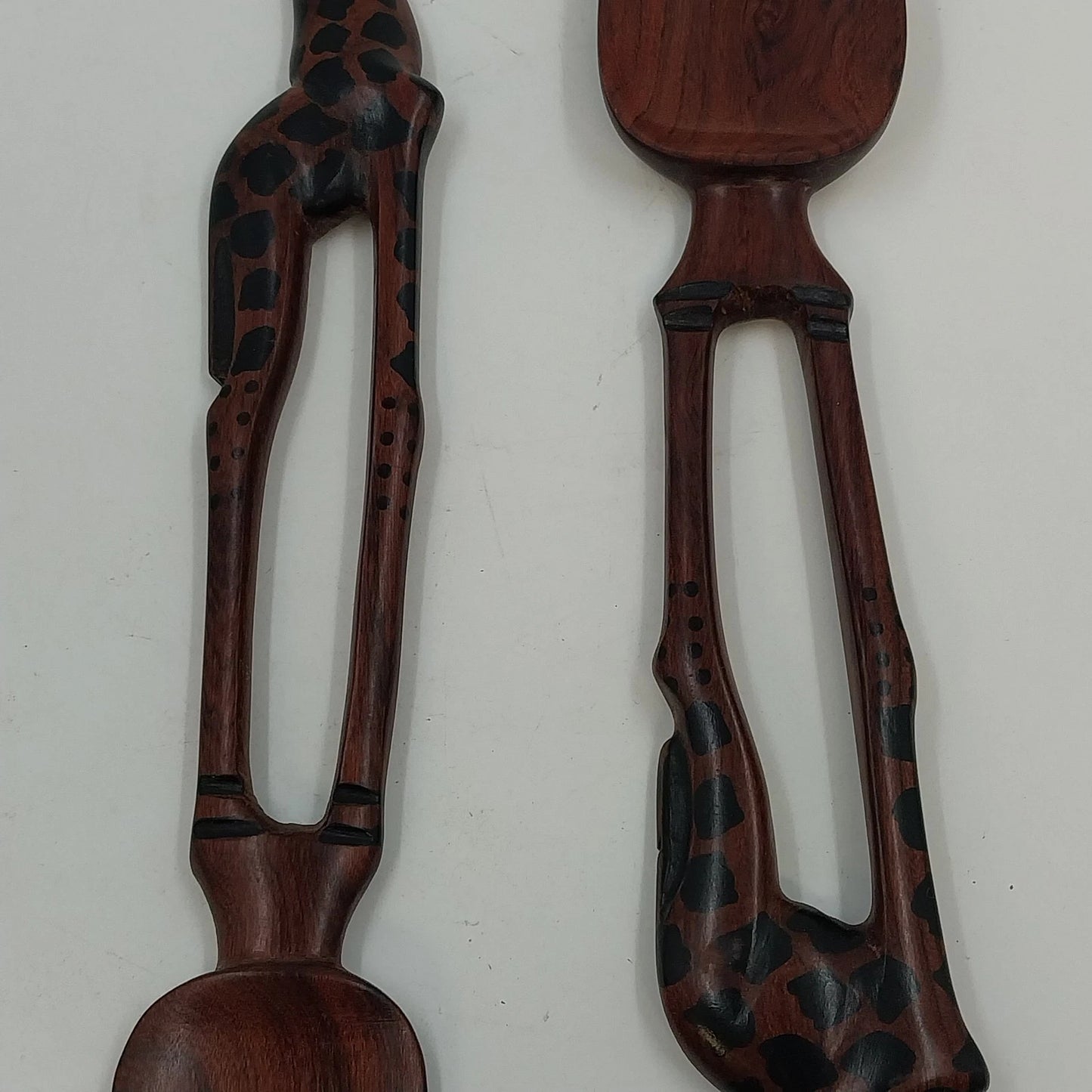 South African Hand Carved Wood Giraffe Salad Serving Fork Spoon Set Brown 13"