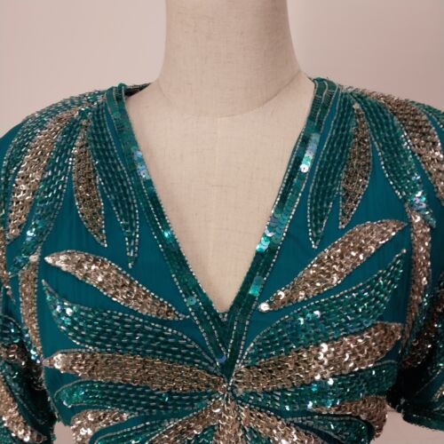 Carina Silk Sequined Top Teal Evening Dress Size L Zipper Hook/Loop Back AS IS