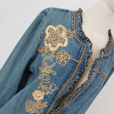 Country Door Denim Jacket 1X Women’s Blue Embroidered Long Sleeve Ruffled Hem