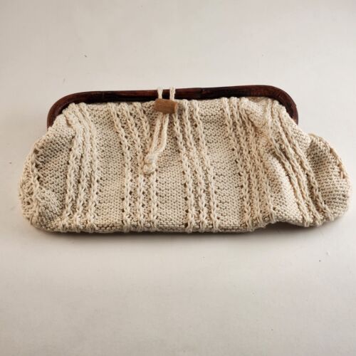 Handmade Clutch Purse White Knitted Outer Linen Inner Wooden Trim Pocket Vintage