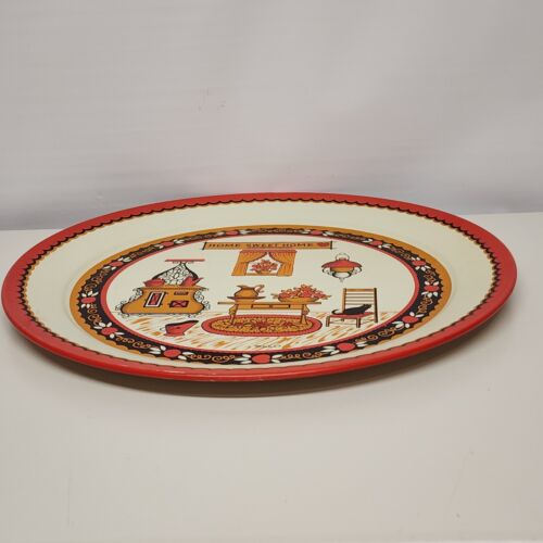 Maxey Folk Art Metal Tray Home Sweet Home Red Orange Vintage 1950s Hearth 19"