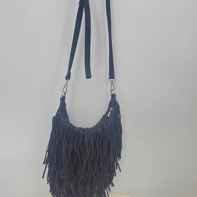 Charlie Black Faux Suede Fringe Crossbody Bag Western Boho Tassel Shoulder Purse