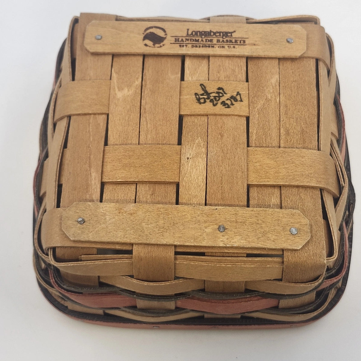 Longaberger Handwoven Natural Wood Basket Red Accent 6.75" Sq Dresden OH 2009