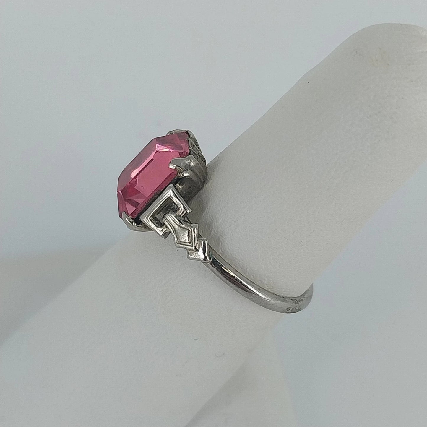 Pink Glass Emerald Cut Ring Silver Tone Art Deco Style Size 7 Fashion Vintage
