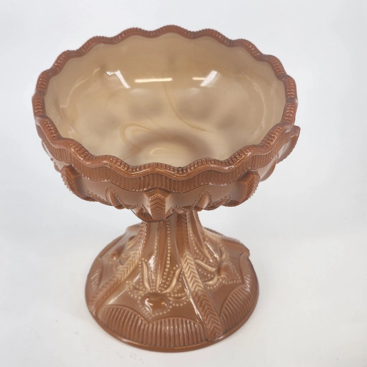 Greentown Chocolate Glass Compote Cactus Pattern Pedestal Scalloped 1890's Vtg